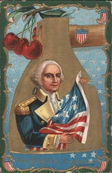 George Washington Holding American Flag, Cherries, 'His Patriotism' E. Nash 1909 Postcard