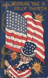 Uncle Sam with American Flag and Fireworks, Wishing You a Jolly Fourth Postcard