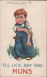 WWI Propaganda Boy 'I'll Lick Any Two Huns' by Wall Postcard