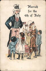 Hurrah for the 4th of July with Uncle Sam and Children Waving Flags Postcard