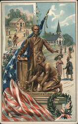 Abraham Lincoln and Emancipation with American Flag, School, and Church Postcard