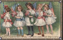 Five Girls with US Flags & Flowers, Decoration Day Series Postcard