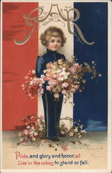 Child in Uniform with Flowers, French Flag, Patriotic Verse Postcard