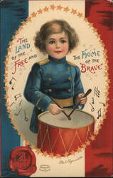 Patriotic Child Drummer, Land of the Free, Home of the Brave Postcard