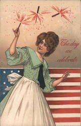 Woman with Sparkler, US Flag for 4th of July Celebration Postcard