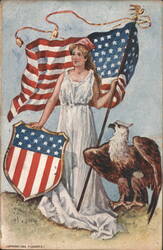 Patriotic Woman with American Flag, Eagle, and Shield Postcard