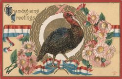 Thanksgiving Greetings Turkey with Wreath, Ribbons & Flowers Postcard