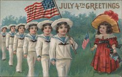 Children in Sailor Suits with American Flags, July 4th Greetings Postcard