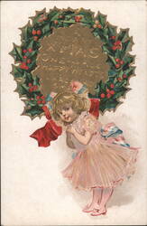 Young Girl with Christmas Wreath, "A Merry Xmas One and All Happy Hearts Around" Postcard