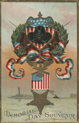 Memorial Day Souvenir with GAR Hat, Patriotic Emblem, and Statue of Liberty Postcard