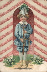 Boy in Blue Uniform with Plumed Hat, Rifle, and Sword, New Year's Greeting Postcard