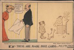 What's Keeping Jimmy? Comic Ironing Scene with Man Playing Horn Postcard