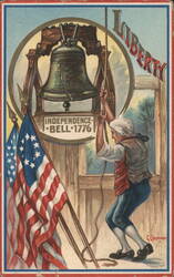 Liberty Bell 1776, Man Ringing Bell, American Flag Postcard
