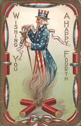 Uncle Sam Wishing You a Happy Fourth with Fireworks Postcard