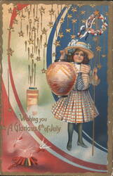 Young Girl with Lantern, Stars & Stripes, 4th of July Greeting Postcard