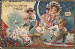 Children Celebrating 4th of July with Fireworks and Cannon Postcard
