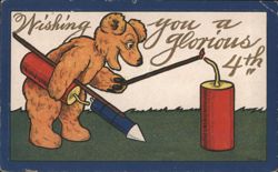 Bear Lighting Firecracker for a Glorious 4th of July Postcard