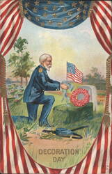 Decoration Day: Union Veteran Kneeling at Grave with Flag and Wreath Postcard
