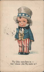 Little Boy Dressed as Uncle Sam Patriotic Riddle Postcard