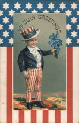 4th of July Greetings, Patriotic Boy in Uncle Sam Hat Postcard