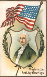 George Washington Portrait with American Flag, Birthday Greetings Postcard