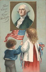 Three Cheers for George Washington, Children with American Flag Postcard
