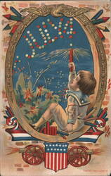 4th of July Child in Sailor Suit with Sparkler, Fireworks Spelling JULY Postcard