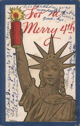 Statue of Liberty with Lit Firecracker, Merry 4th of July Greeting Postcard