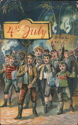 Boys Parade with 4th of July Sign and Fireworks Postcard