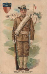 US Infantry Private in Uniform at Camp with Tents and Flags Postcard