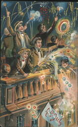 Boys Celebrating 4th of July with Fireworks on a Balcony Postcard