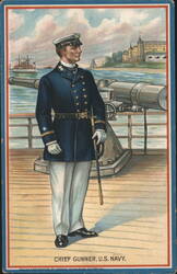 Chief Gunner, US Navy, Standing on Ship Deck with Naval Gun Postcard