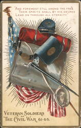 Civil War Veteran Soldiers Uniform & Equipment with US Flag Postcard
