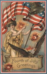 Fourth of July Greetings with Lady Liberty, American Flag & Eagle Postcard