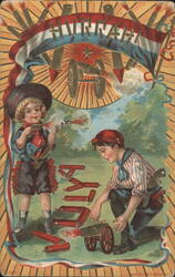 4th of July Celebration with Boys, Firecrackers, and Cannon Postcard