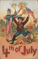 Uncle Sam & Boy Celebrate 4th of July with Fireworks & Flag Postcard