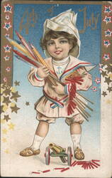 4th of July Boy in Sailor Suit with Firecrackers & Cannon Postcard