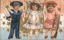 Children in Patriotic Attire with Sailor, Girl, and Soldier Postcard