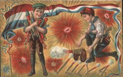 Boys with Fireworks and Cannon, Patriotic Celebration Postcard