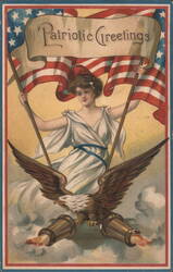 Patriotic Greetings Woman with American Flags and Eagle Postcard