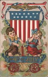 Children Celebrating 4th of July with Firecrackers, US Flag Shield Postcard
