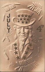 Uncle Sam with Star-Spangled Hat and Fireworks for 4th of July Postcard