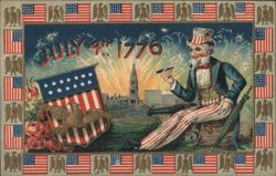 Uncle Sam Celebrating July 4th 1776 with Fireworks and Flag Postcard
