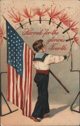 Boy in Sailor Suit with American Flag and Fireworks, 4th of July Postcard