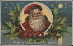 Santa Claus with Holly and Berries, Wishing You a Merry Christmas Postcard