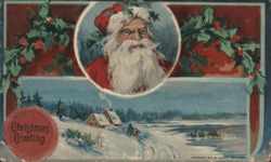 Santa Claus in Holly Wreath, Snowy Winter Scene with Cottages Postcard