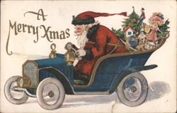 Santa Claus Driving Vintage Car with Christmas Tree and Toys Postcard