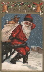 Santa Claus Carrying Large Sack of Toys, Christmas Greeting in Snowy Scene Postcard