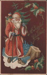 Santa Claus with Christmas Tree & American Flag, A Joyful Yuletide Postcard