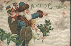 Santa Claus with Children and Angel Pointing, Merry Christmas Postcard